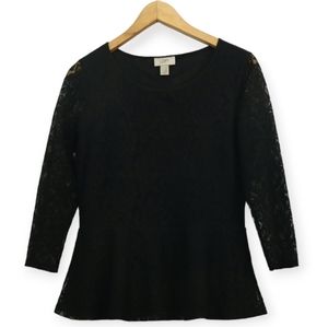 Loft Black Lace Round Neck 3/4 Sleeve Peplum Top